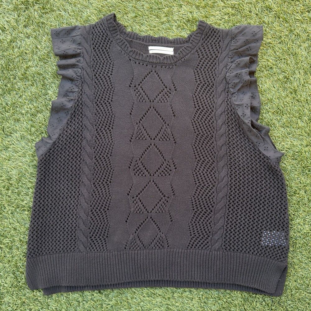Anthropologie Sweater Vest Cable Knit Ruffle Sleeveless Black Womens M Boho